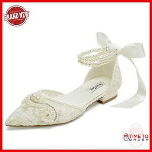 Pearl Lace Wedding Flats Pointed Toe Bridal Shoes Comfort Padded Insole